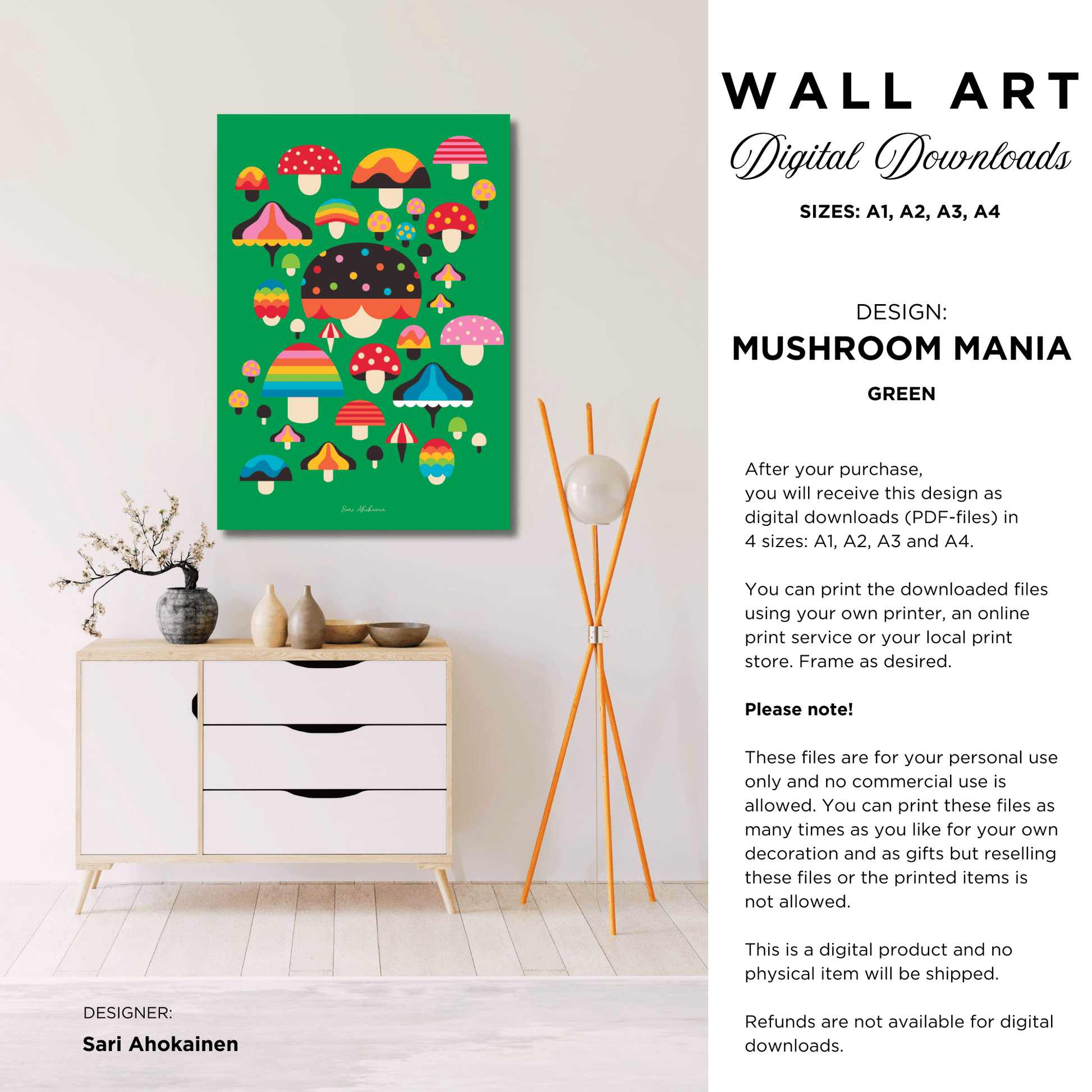 DIGITAL WALL ART - MUSHROOM MANIA green - Colorful mushroom print