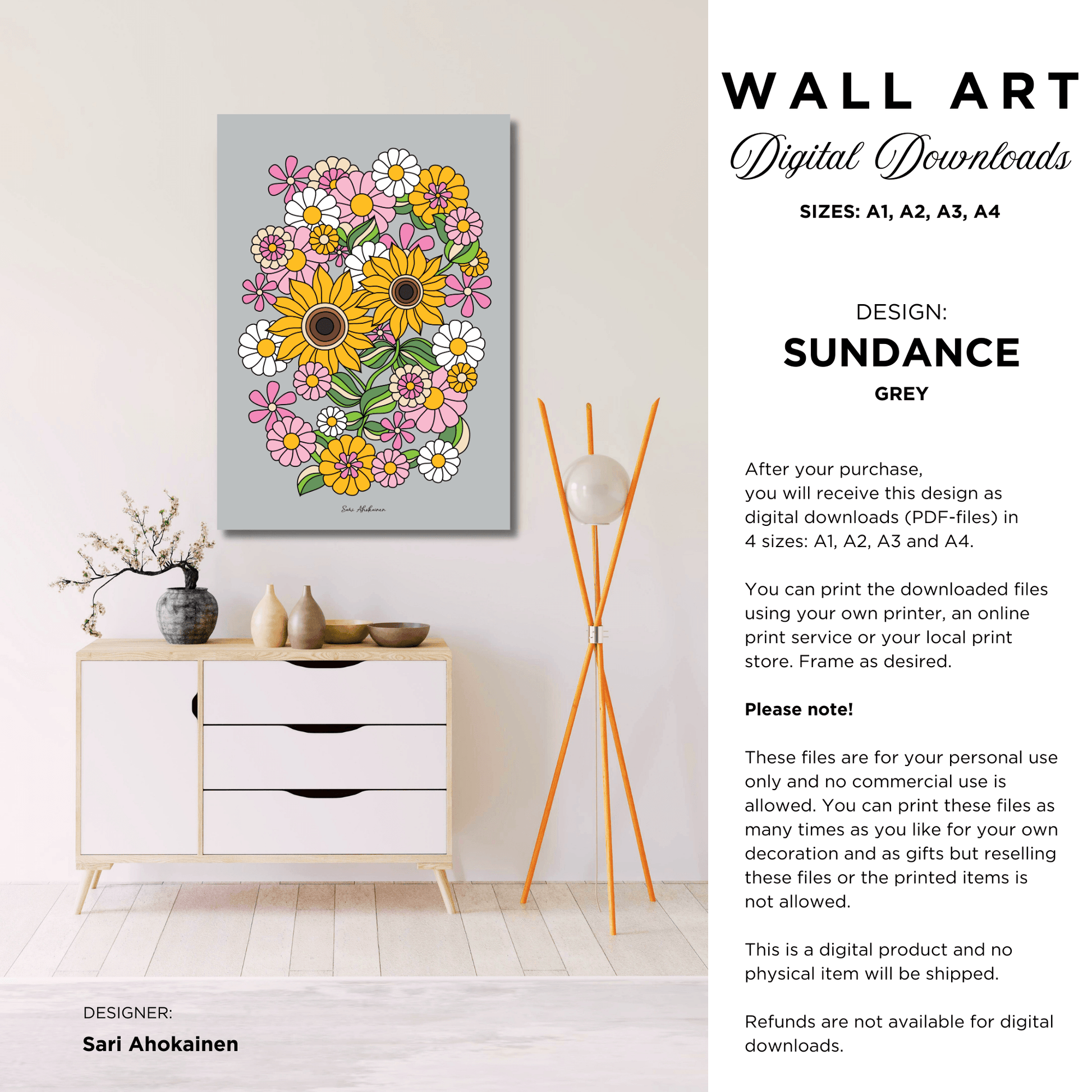 DIGITAL WALL ART - SUNDANCE grey - Bold sunflower print