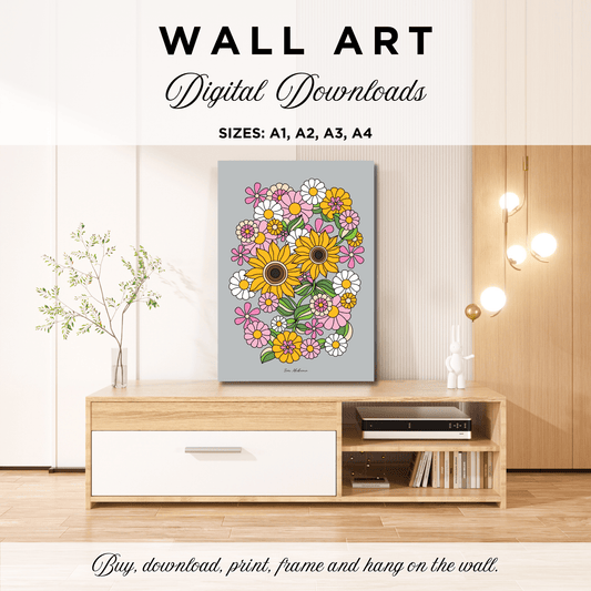 DIGITAL WALL ART - SUNDANCE grey - Bold sunflower print