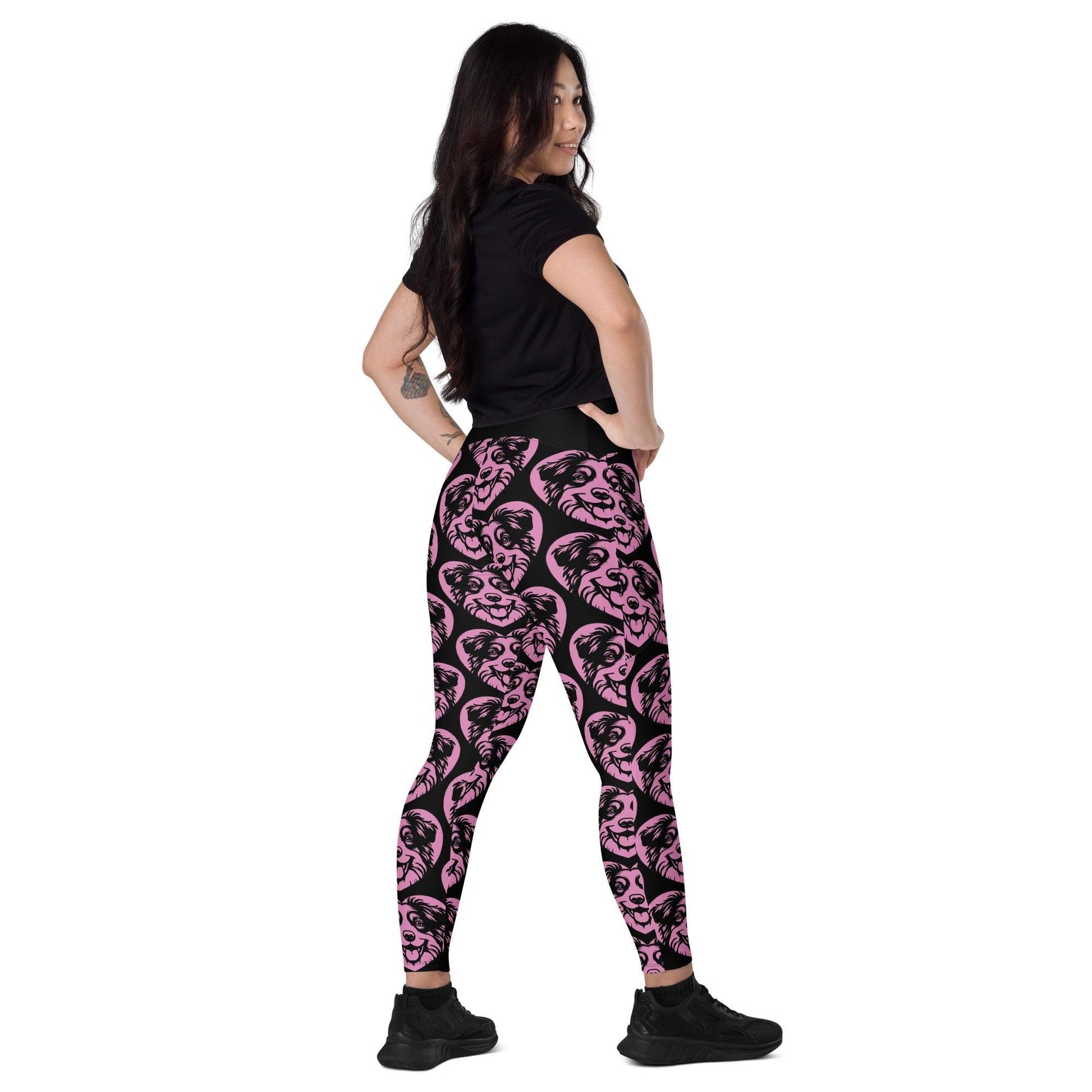 Dog breed leggings with pockets - AMERICAN SHEPHERD MINIATURE - HERTTAHOUND - pink - Retro floral print