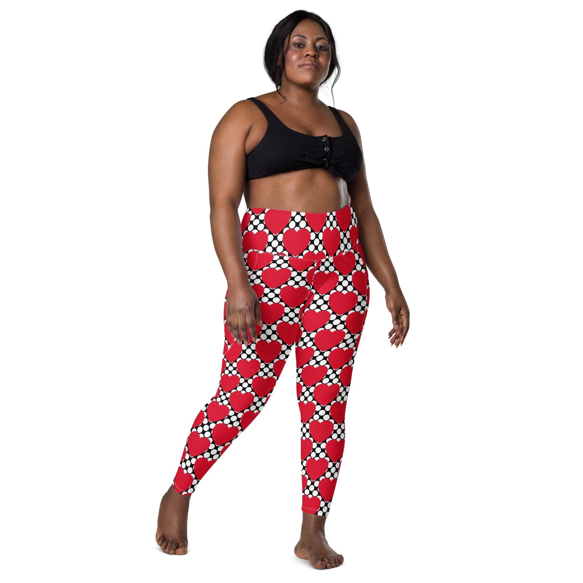 Leggings with pockets - ELLIE LOVE DOT red black - Bold heart print
