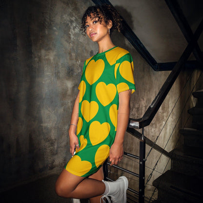 T-shirt dress - ELLIE LOVE yellow green - Bold heart print