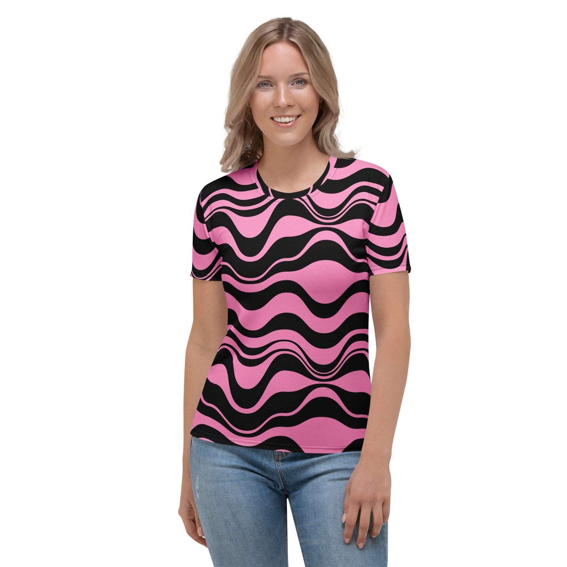 Woman's t-shirt - ENERGY WAVES pink black - Wavy stripe print