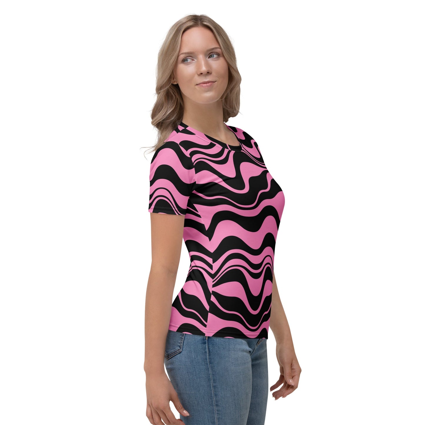 Woman's t-shirt - ENERGY WAVES pink black - Wavy stripe print