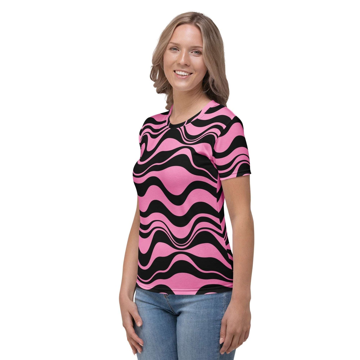 Woman's t-shirt - ENERGY WAVES pink black - Wavy stripe print