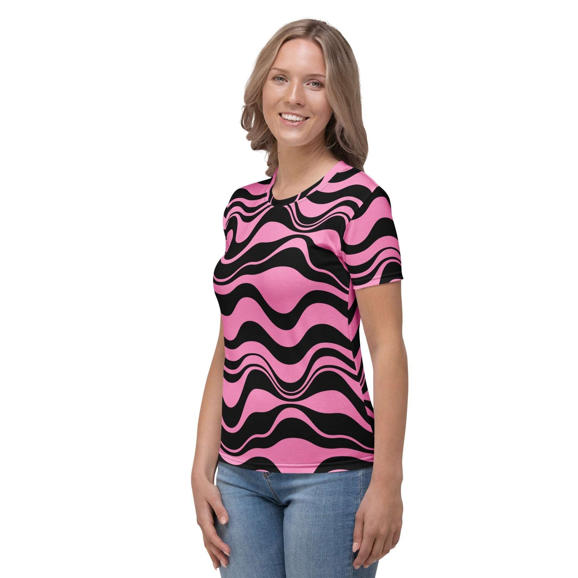 Woman's t-shirt - ENERGY WAVES pink black - Wavy stripe print