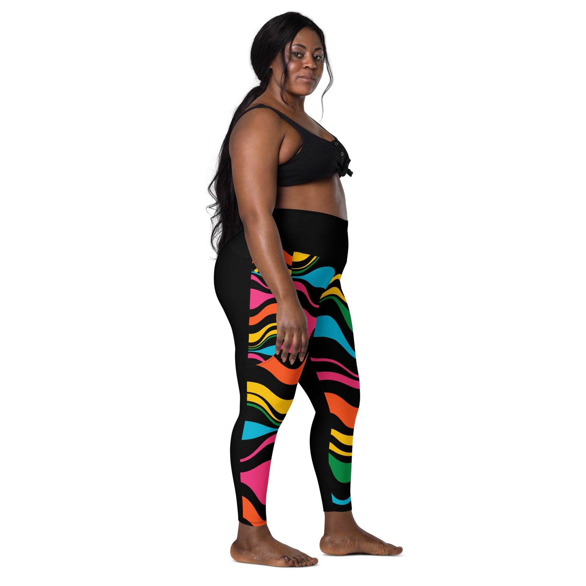 Leggings with pockets - ENERGY WAVES rainbow black - Wavy stripe print