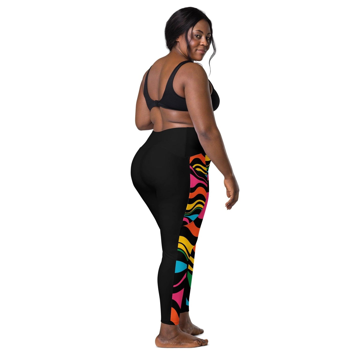 Leggings with pockets - ENERGY WAVES rainbow black - Wavy stripe print 6XL
