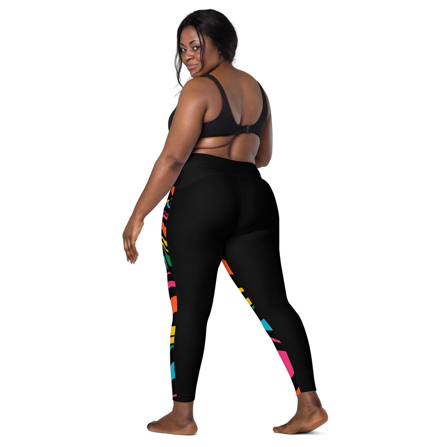 Leggings with pockets - ENERGY WAVES rainbow black - Wavy stripe print