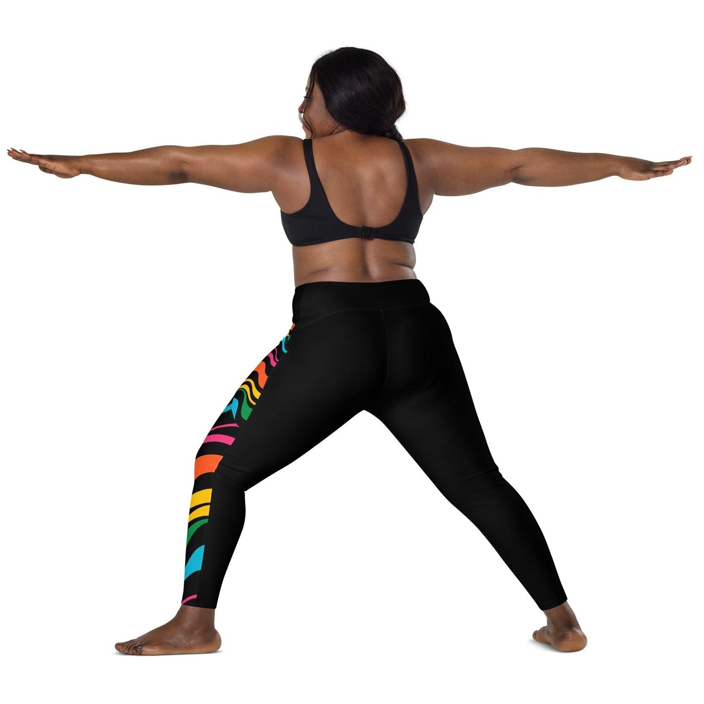 Leggings with pockets - ENERGY WAVES rainbow black - Wavy stripe print