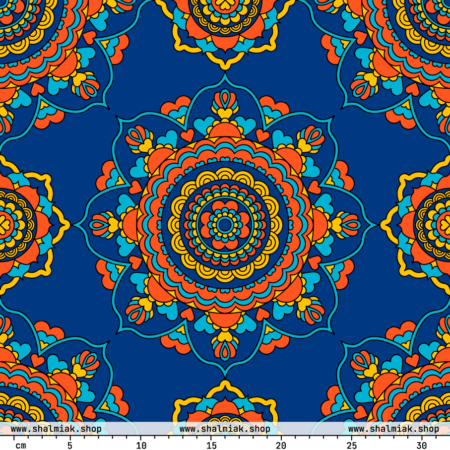 Fabric - FOREVERMORE orange blue - Romantic flower and heart print