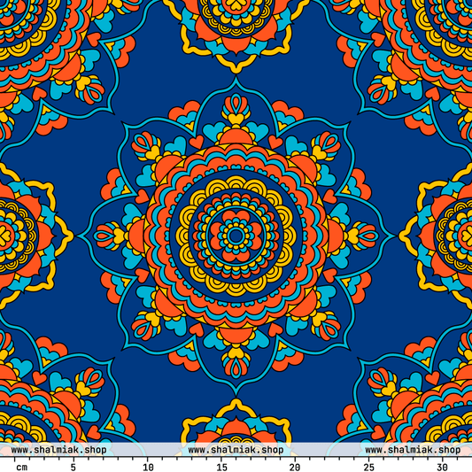 Fabric - FOREVERMORE orange blue - Romantic flower and heart print