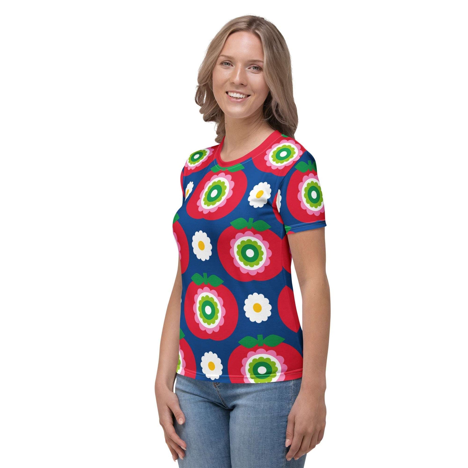 Woman's t-shirt - GRAND APPLE blue - Bold apples and flowers print