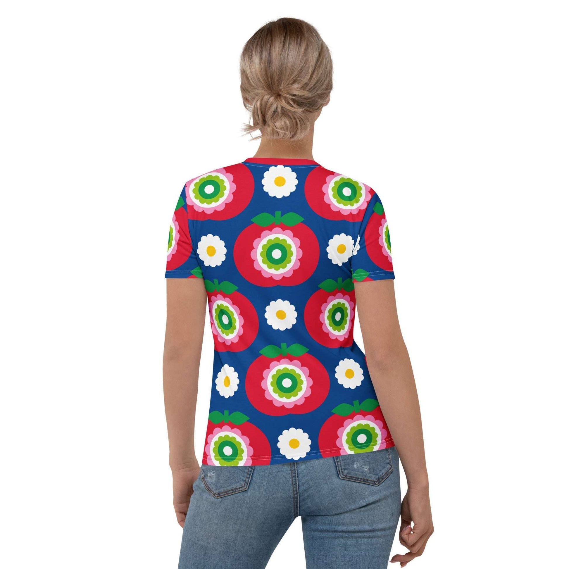 Woman's t-shirt - GRAND APPLE blue - Bold apples and flowers print