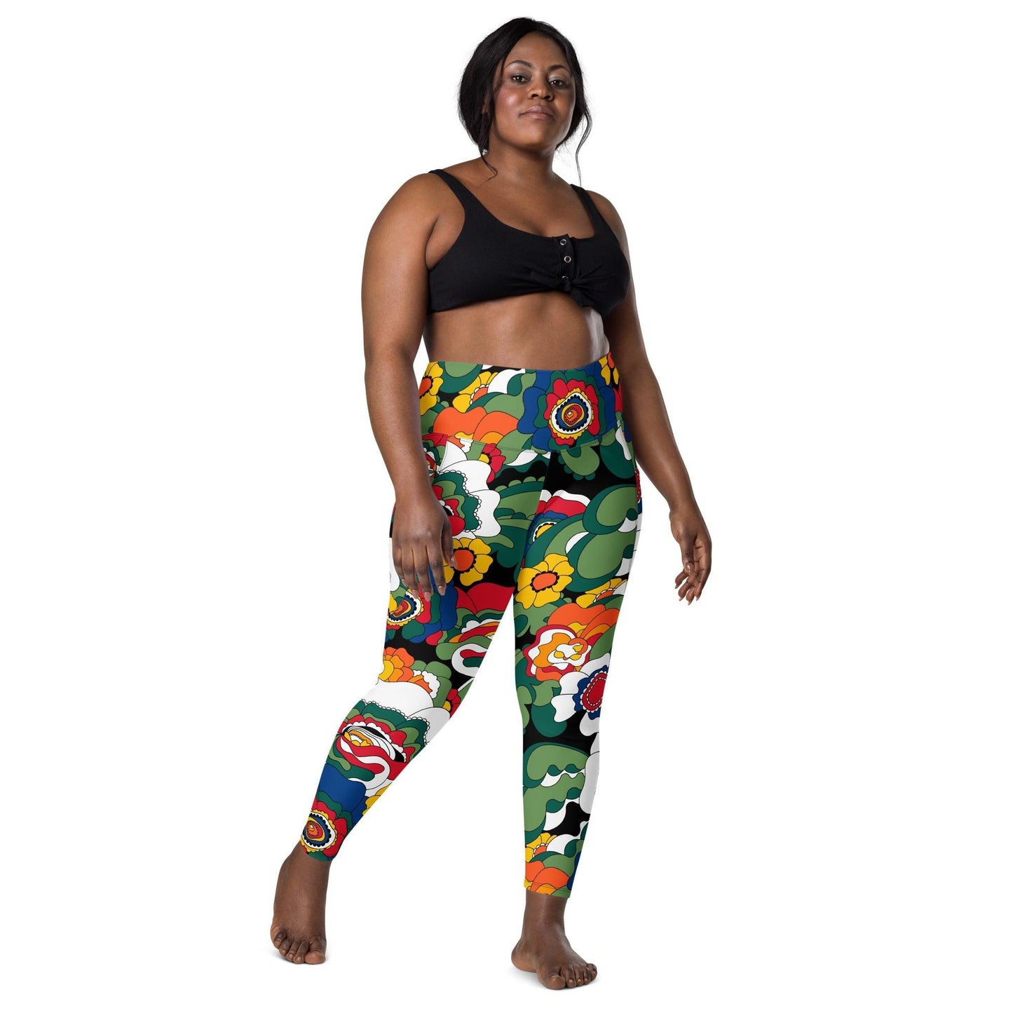 Leggings with pockets - GROOVY KURBITS black - Folk floral print