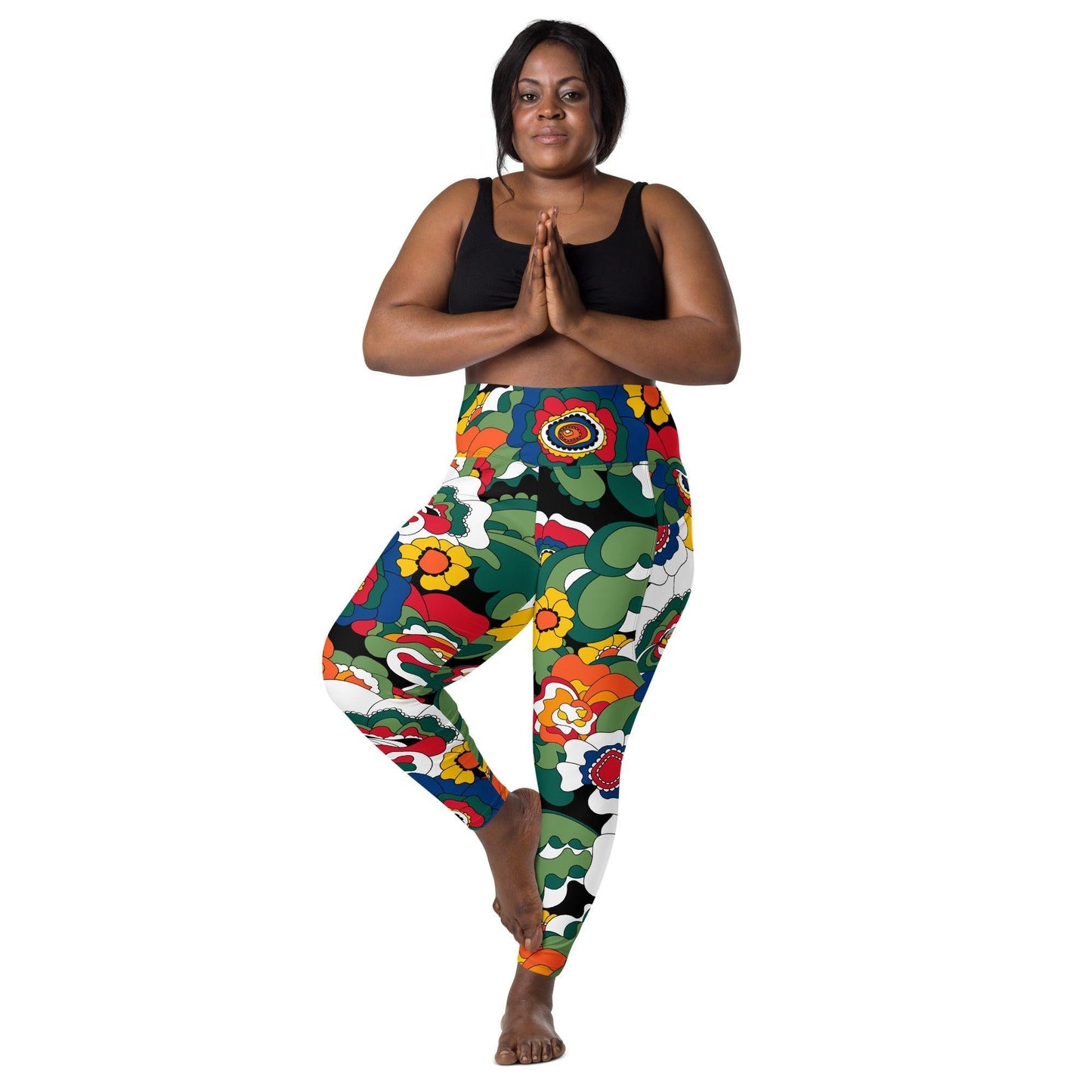 Leggings with pockets - GROOVY KURBITS black - Folk floral print