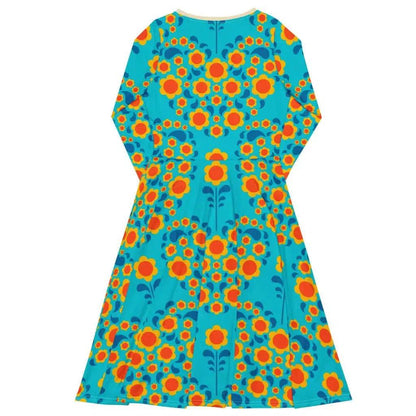 Midi dress - HEARTBEAT orange blue - Flower hearts print
