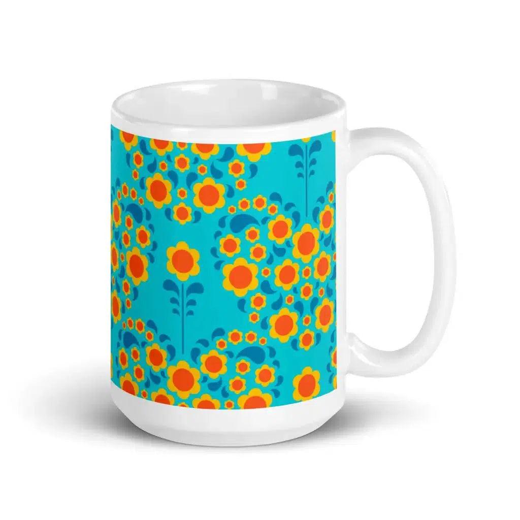 Mug - HEARTBEAT orange blue - Flower hearts print