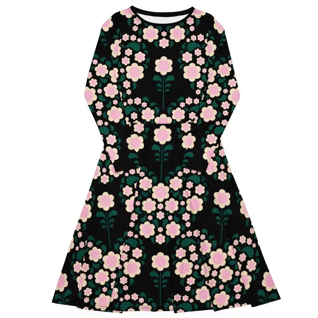 Midi dress - HEARTBEAT pink black - Flower hearts print