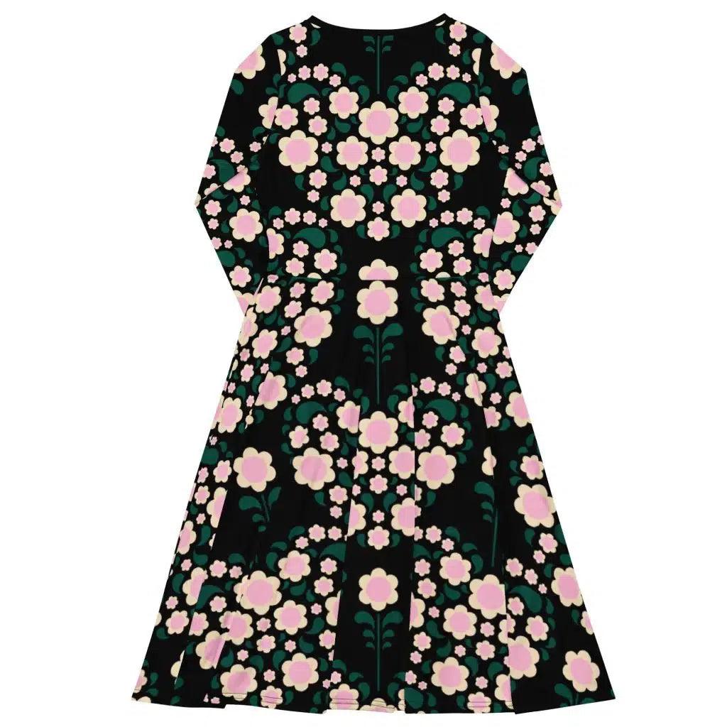 Midi dress - HEARTBEAT pink black - Flower hearts print