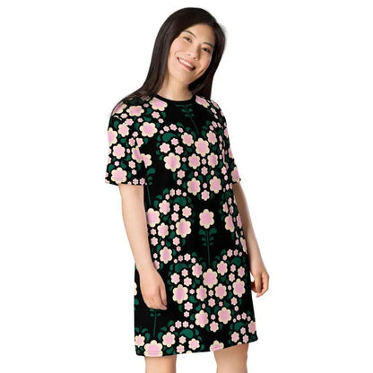 T-shirt dress - HEARTBEAT pink black - Flower hearts print