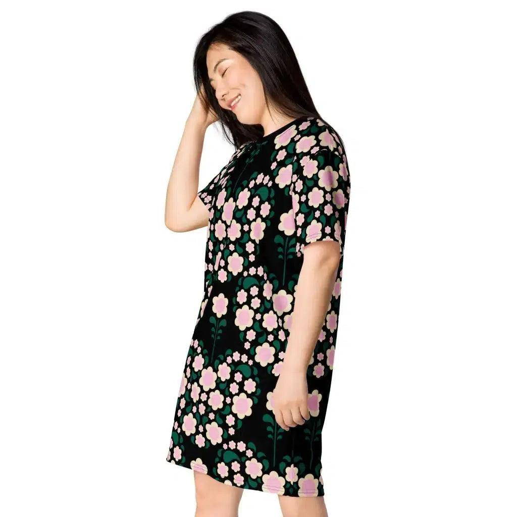T-shirt dress - HEARTBEAT pink black - Flower hearts print