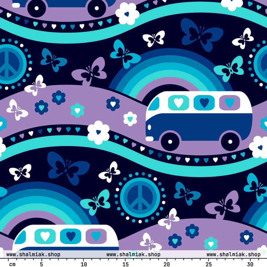 Fabric - HIPPIE DAY magic blue - Colorful hippie print
