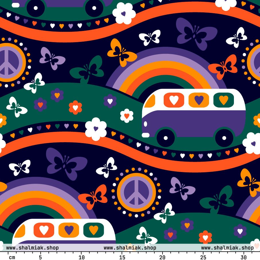 Fabric - HIPPIE DAY purple - Colorful hippie print