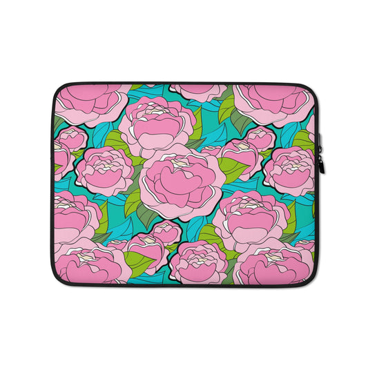 Laptop Sleeve - BE MY ONLY pink turquoise - Bold Pink Peonies Print