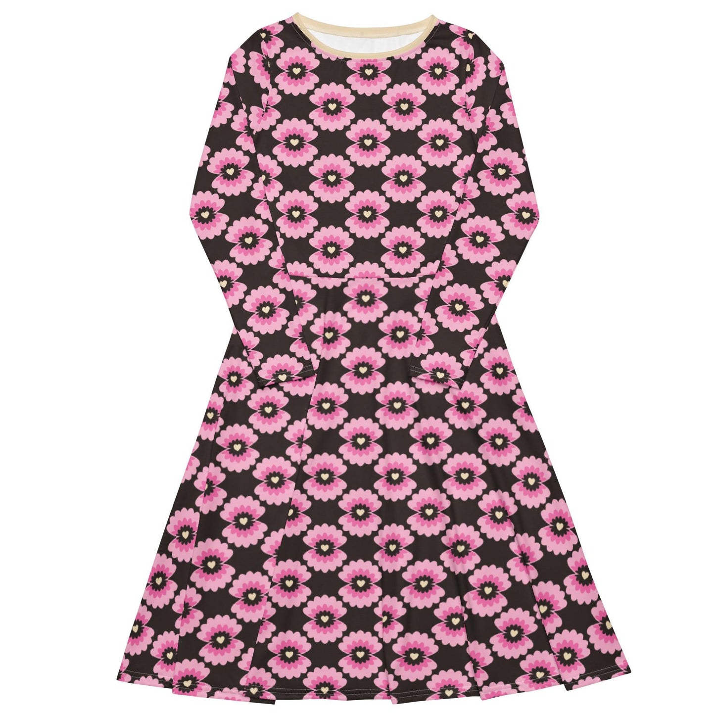 Midi dress - LOVE PEARL pink brown - Pearls and hearts print 6XL