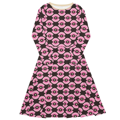 Midi dress - LOVE PEARL pink brown - Pearls and hearts print 6XL