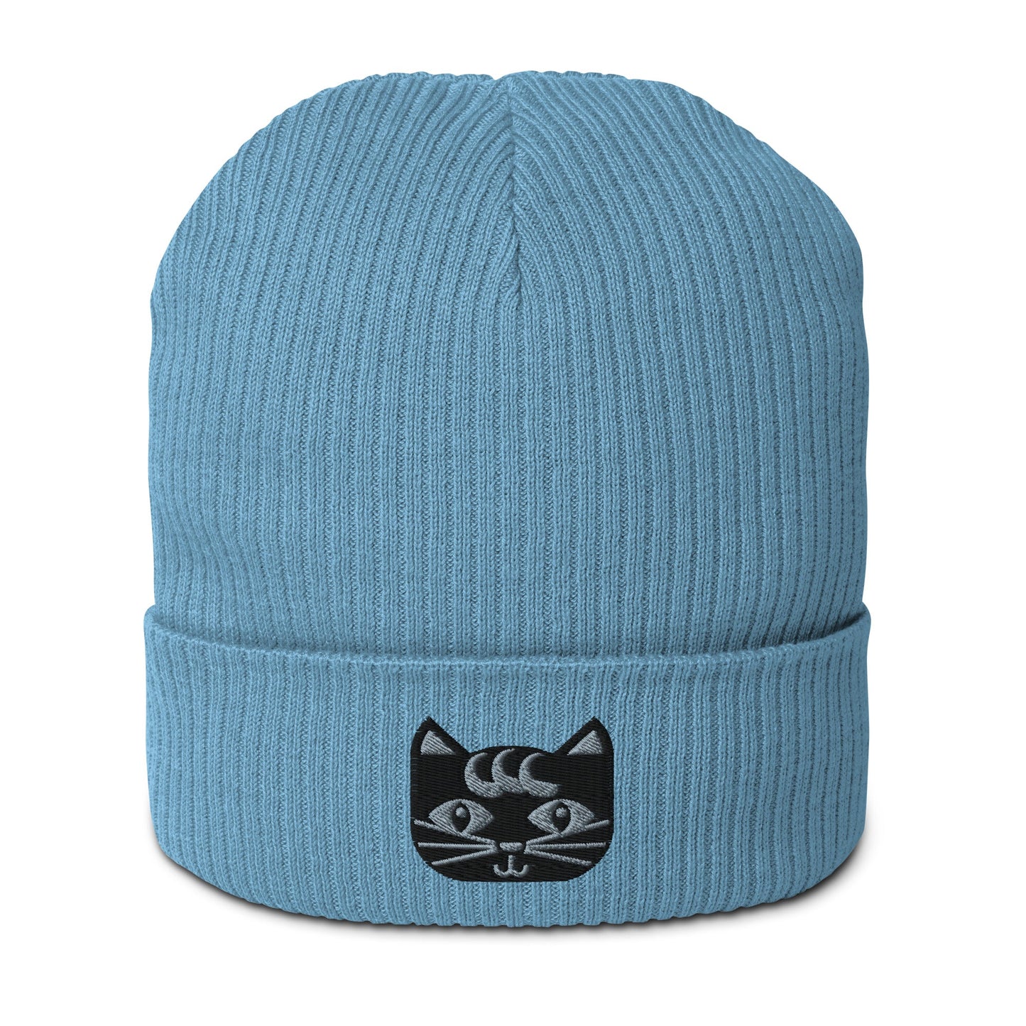 Beanie - MAGICAT - Black cats and flowers print Light Avio Blue