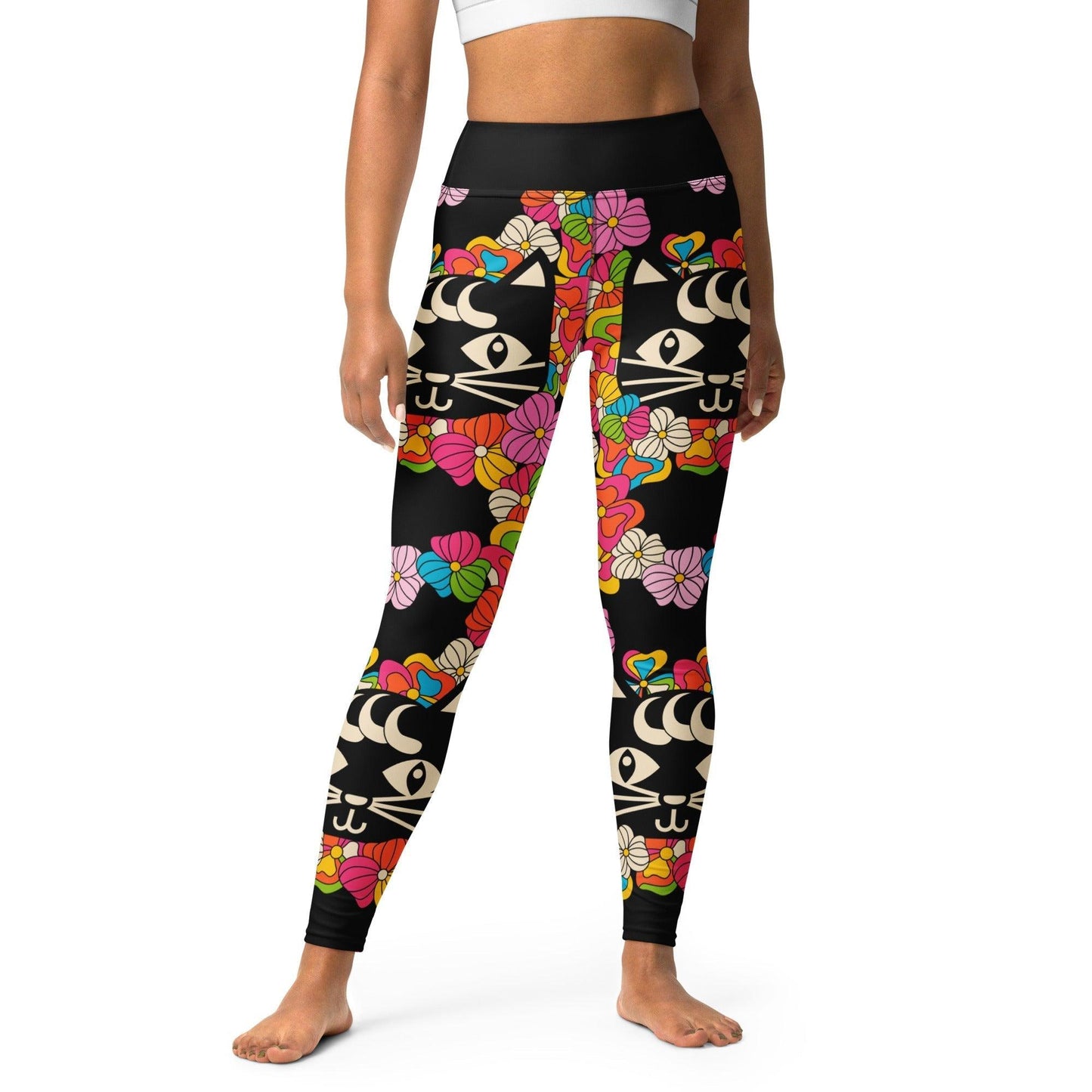 Yoga leggings -2- MAGICAT black - Black cats and flowers print XL