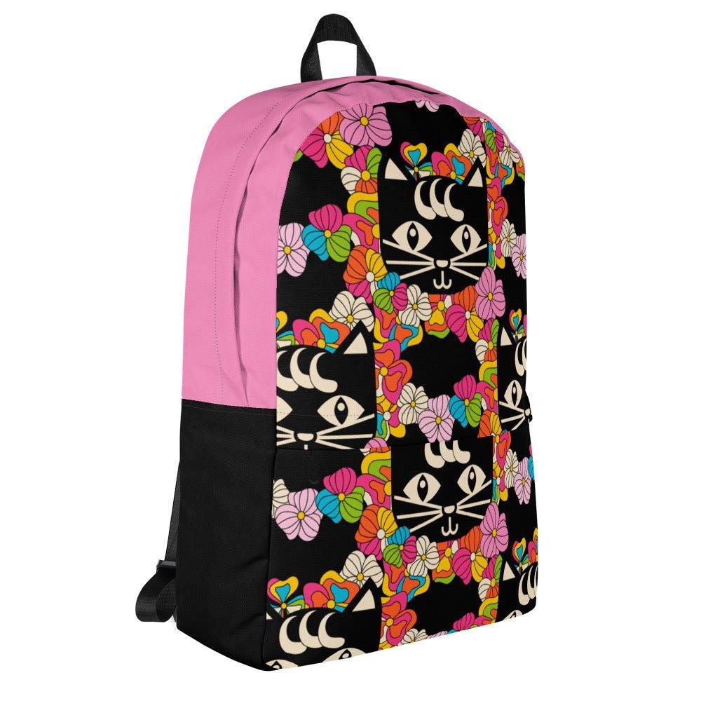 Backpack - MAGICAT black - Black cats and flowers print