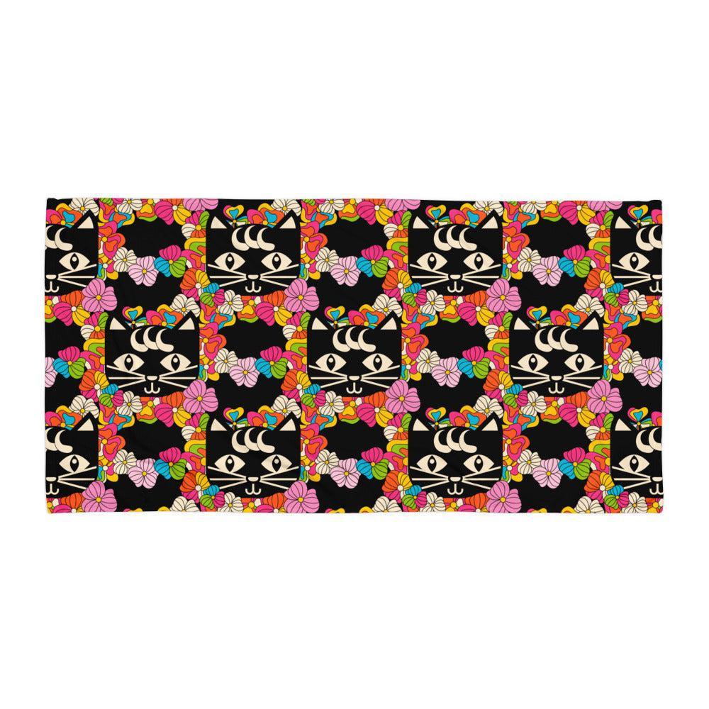 Towel - MAGICAT black - Black cats and flowers print