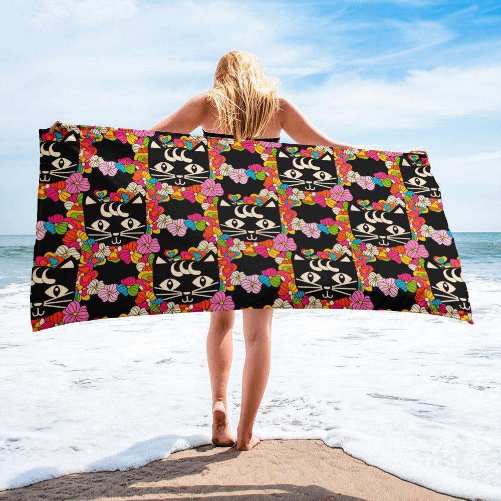 Towel - MAGICAT black - Black cats and flowers print Default Title