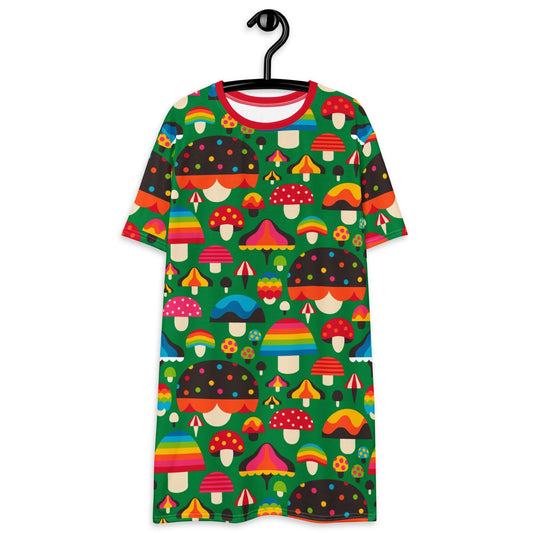 T-shirt dress - MUSHROOM MANIA green - Colorful mushroom print