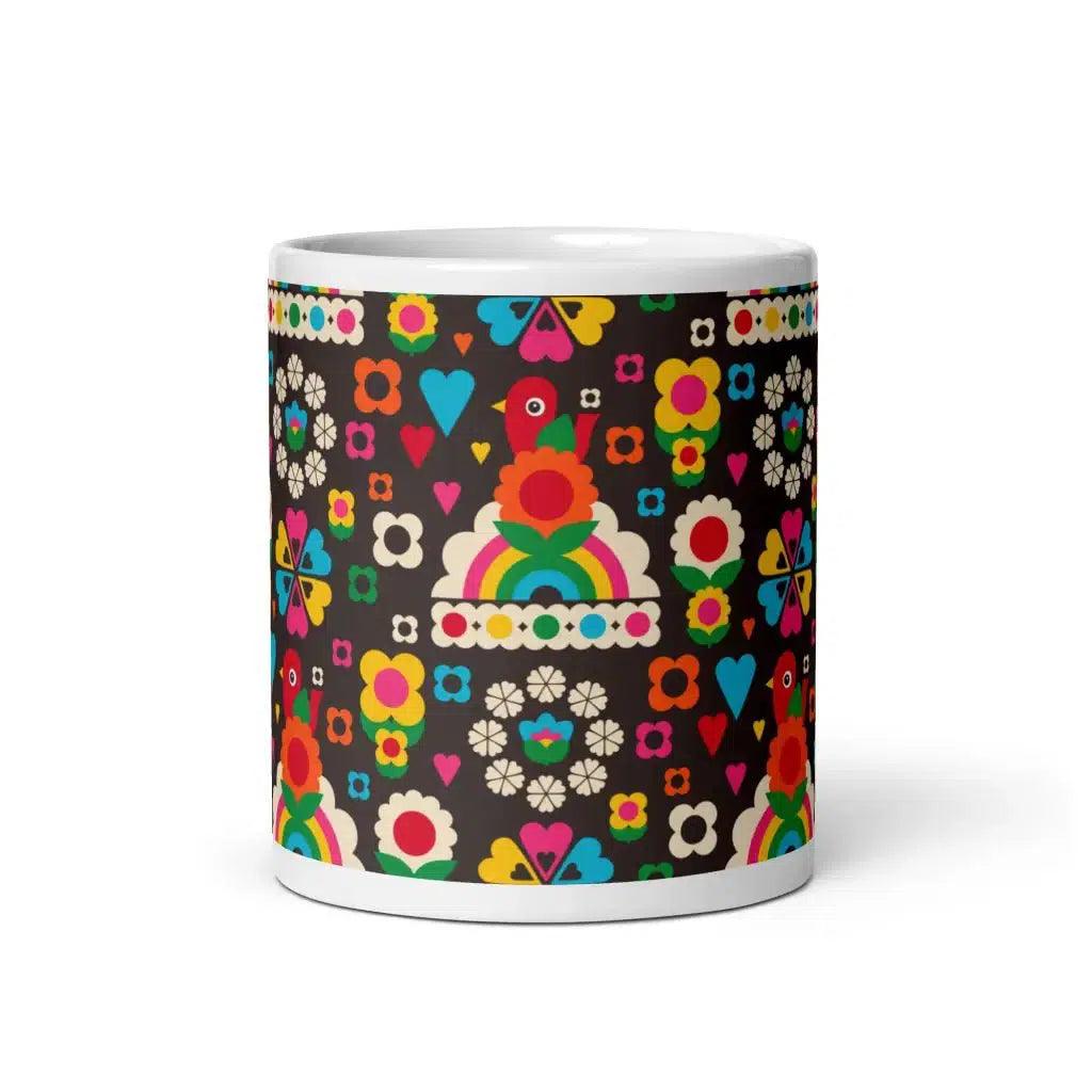 Mug - OLD BIRDIE brown - Retro Birds, flowers & rainbows