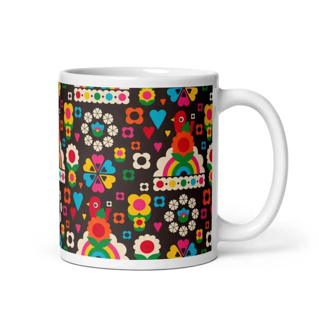 Mug - OLD BIRDIE brown - Retro Birds, flowers & rainbows