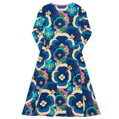 Midi dress - PANSY FANTASY blue pink - Retro pansy print