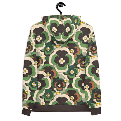 Hoodie - PANSY FANTASY green - Retro pansy print