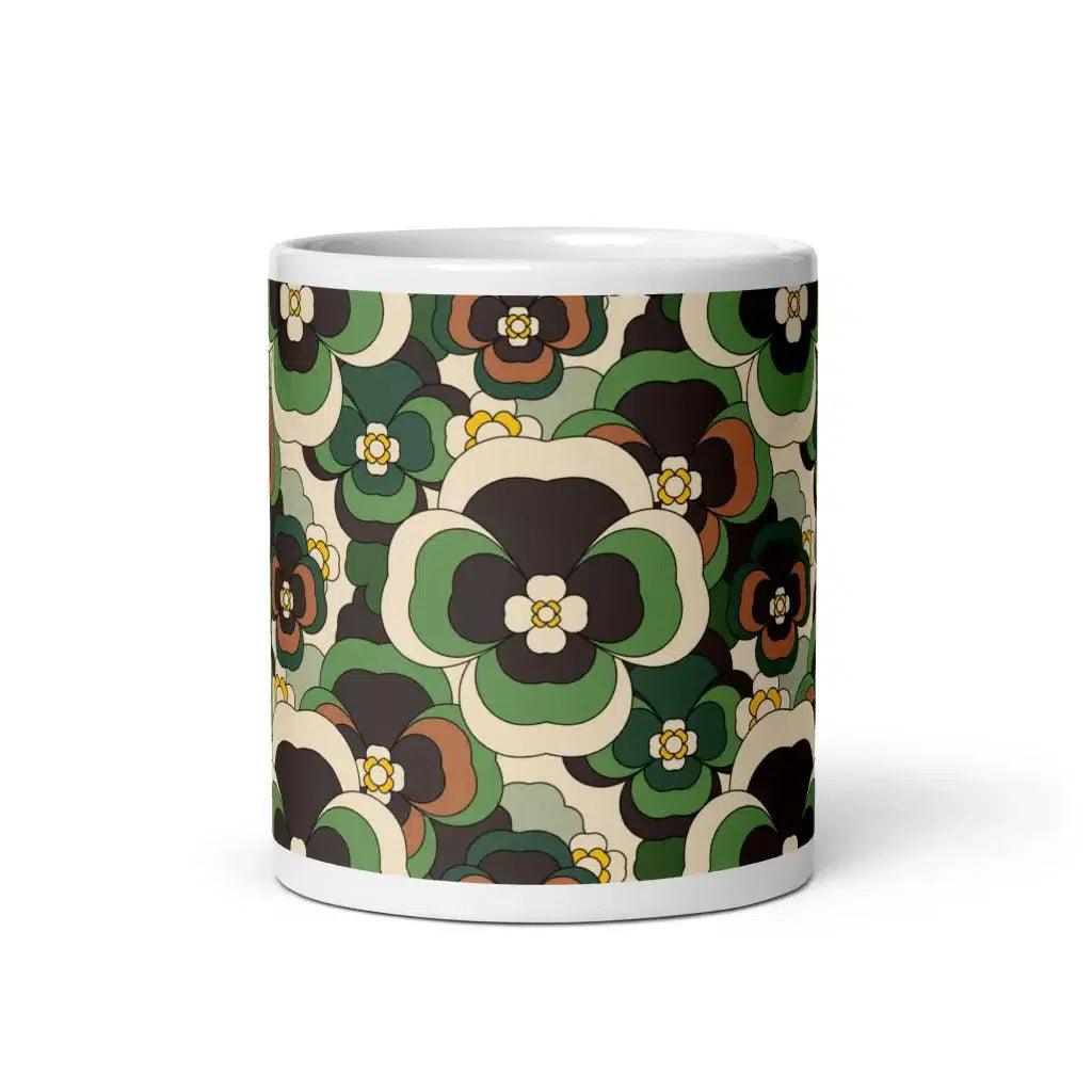 Mug - PANSY FANTASY green - Retro pansy print 11oz
