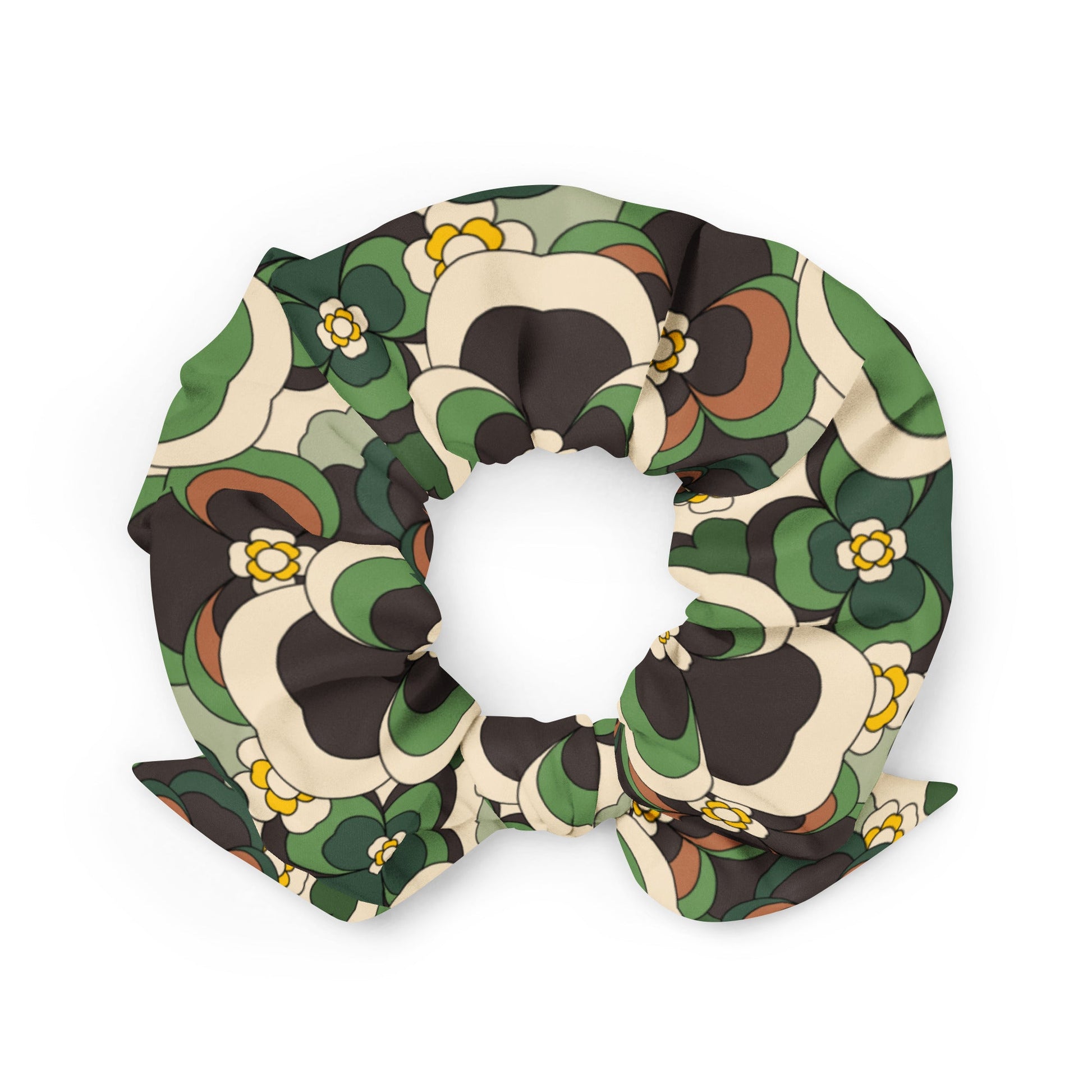 Scrunchie - PANSY FANTASY green - Retro pansy print