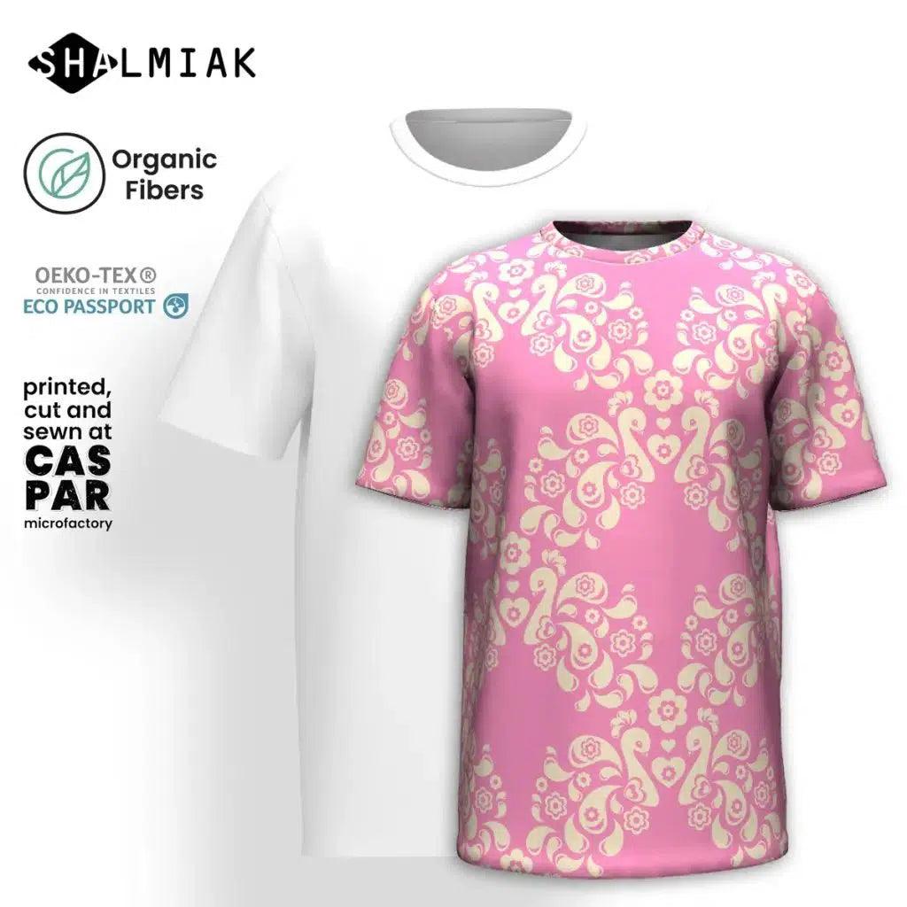 Organic cotton t-shirt - PEACOCK LOVE pink - Glorious peacock print