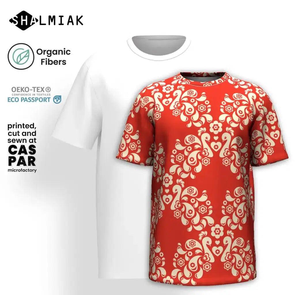 Organic Cotton T-Shirt - PEACOCK LOVE red