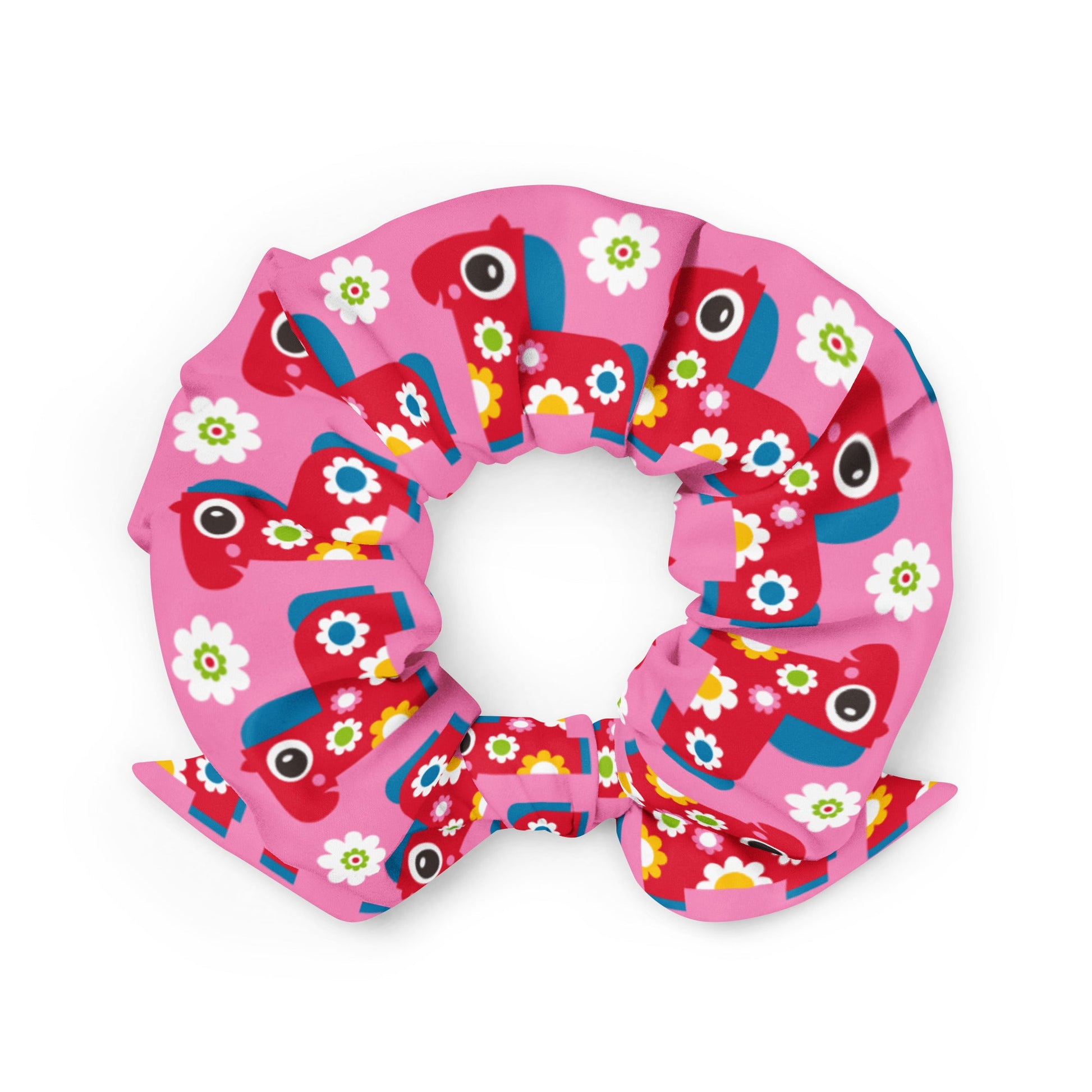 Scrunchie - PONY BLOOM pink - Happy ponies and flowers print