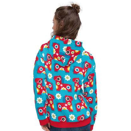 Hoodie - PONY BLOOM turquoise - Happy ponies and flowers print