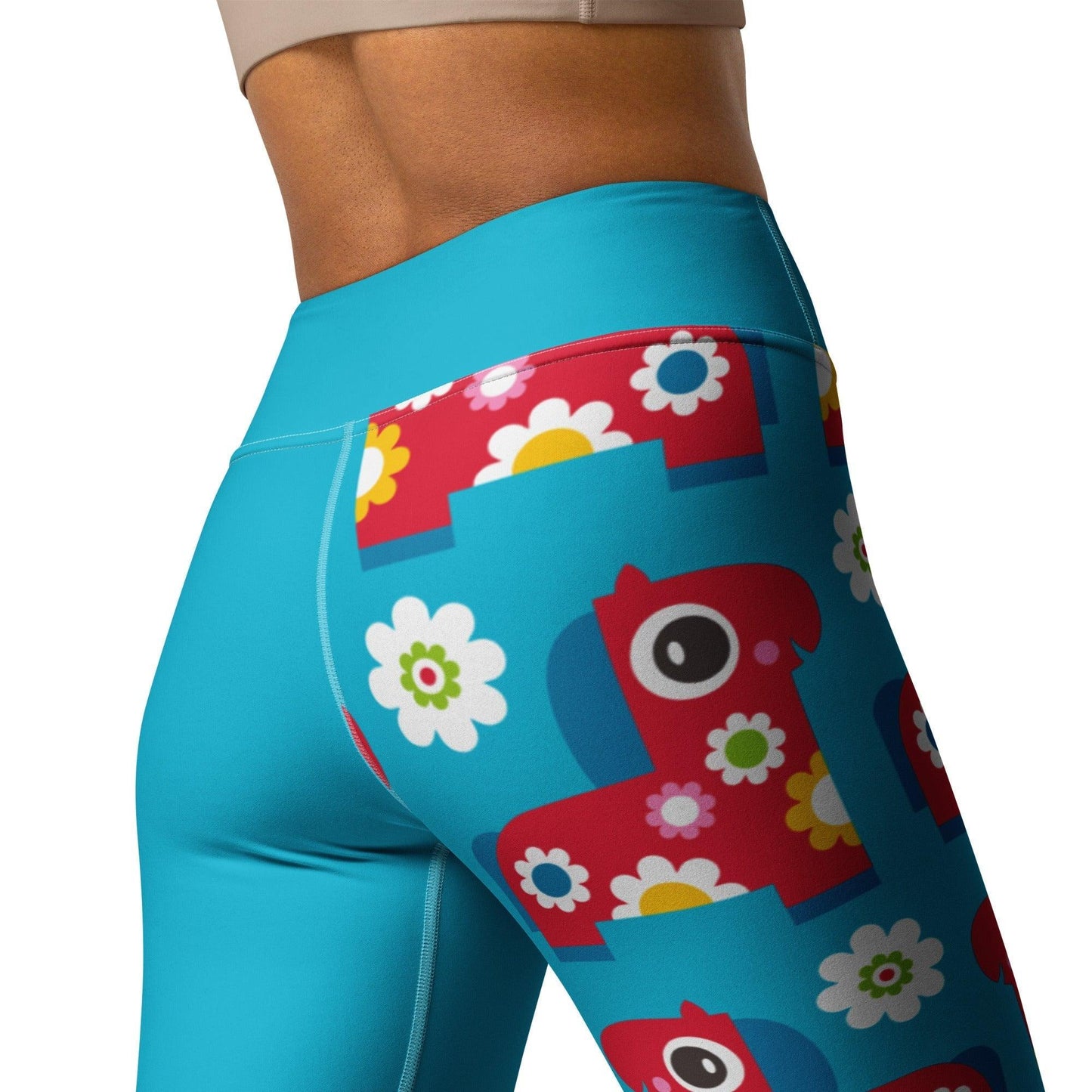 Yoga leggings - PONY BLOOM turquoise - Happy ponies and flowers print