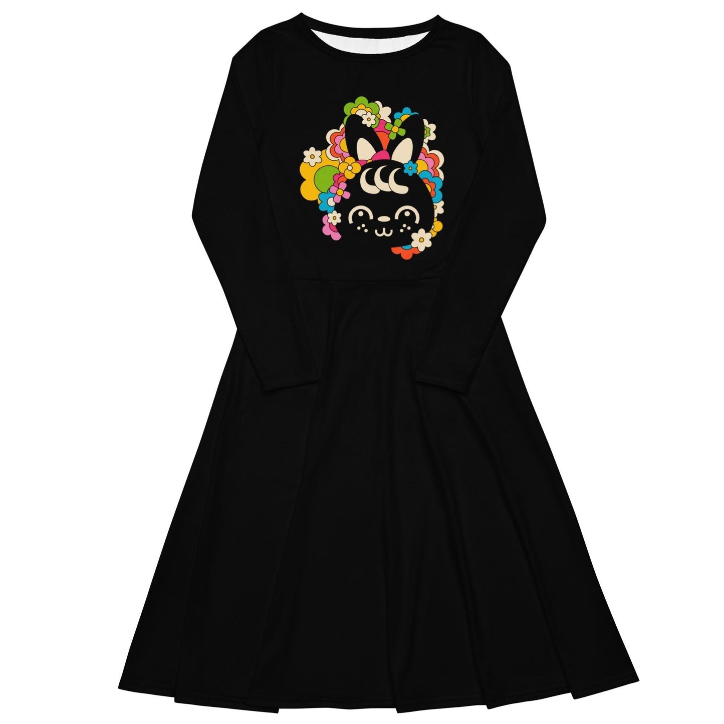 Midi dress - POPBUNNY black (bunny) - Playful bunnies and flowers print