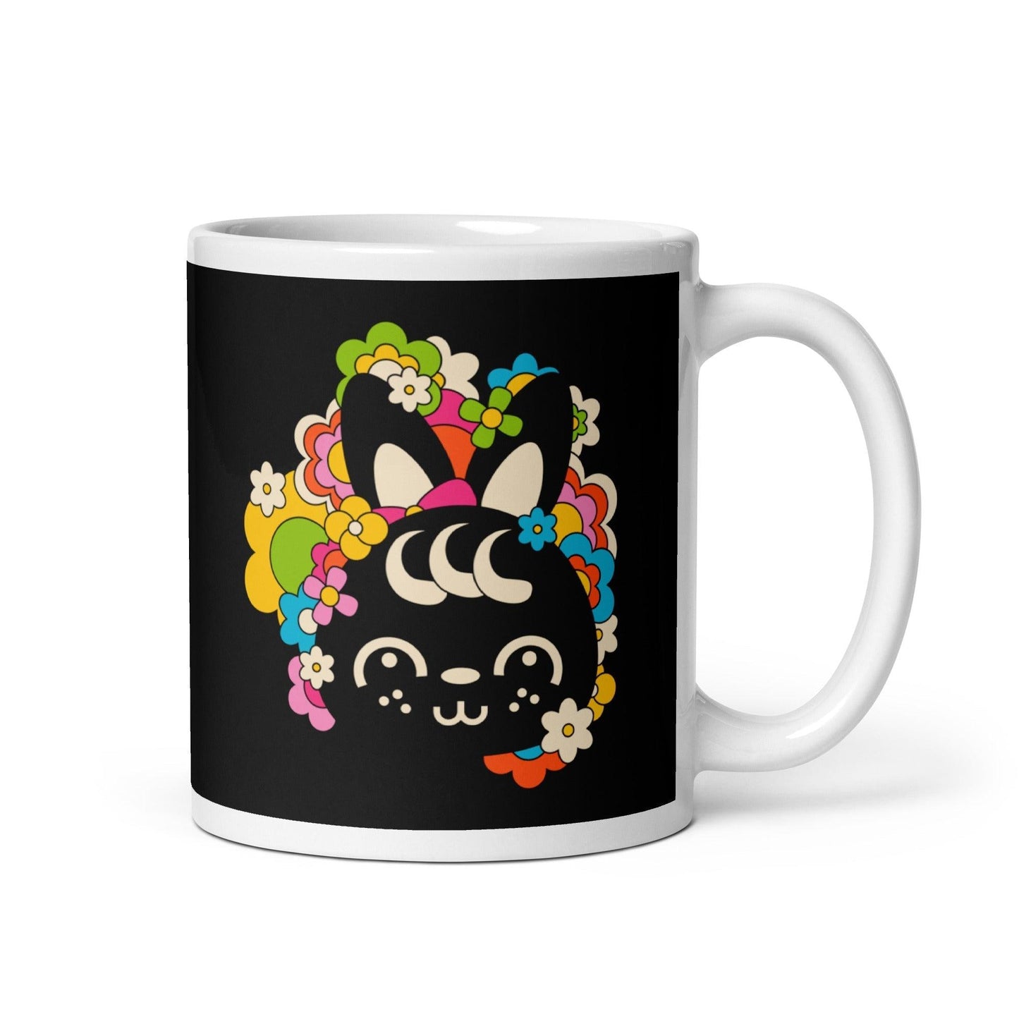 Mug - POPBUNNY black - Playful bunnies and flowers print 11 oz